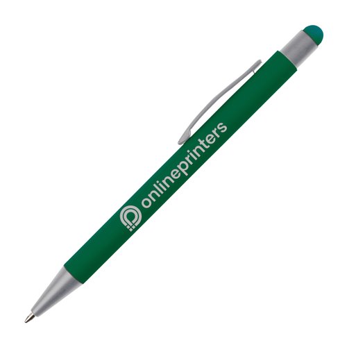 Stylo  bille tactile vert avec clip et pointe de stylet.