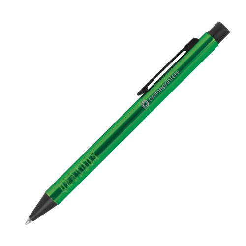 Stylo  bille en mtal vert avec clip et mcanisme  pression.