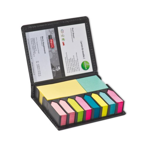 Jeu de marqueurs adhsifs noirs avec notes repositionnables et porte-cartes de visite.