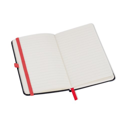 Carnet rouge avec fermeture lastique et marque-page.