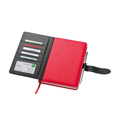 Carnet rouge avec pochettes et passant pour stylo.