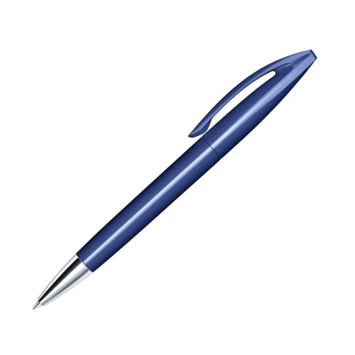 Stylo  bille en plastique bleu fonc avec pointe en mtal et clip.