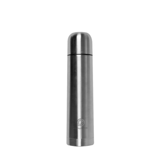 Bouteille isotherme grise en acier inoxydable avec bouchon à vis.
