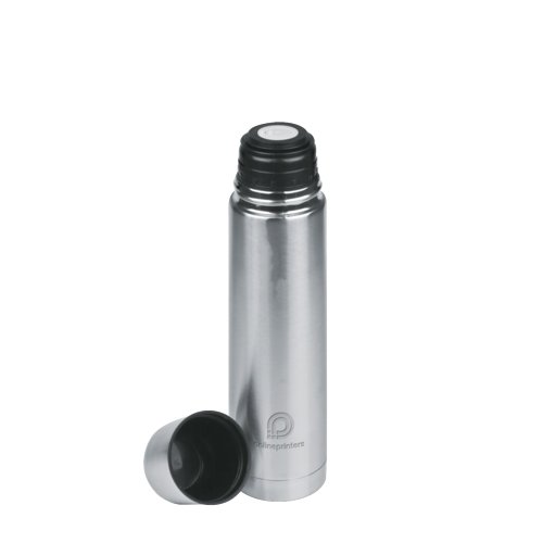 Bouteille isotherme argentée en acier inoxydable avec bouchon à vis.