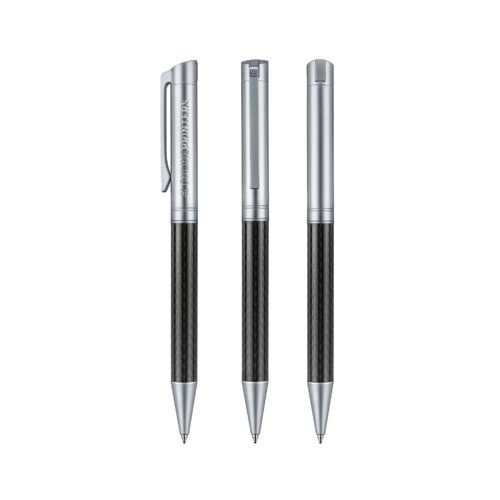 Stylo  bille argent en mtal carbone avec clip et mcanisme  poussoir.