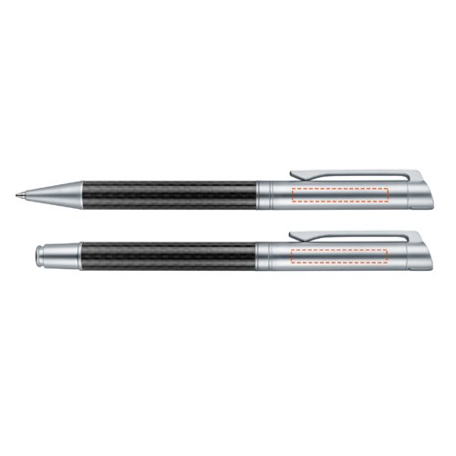 Ensemble de stylos en carbone noir avec stylo  bille, stylo plume et tui.