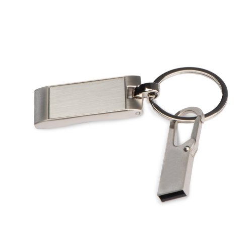 Cl USB grise en mtal avec mousqueton et anneau porte-cls.