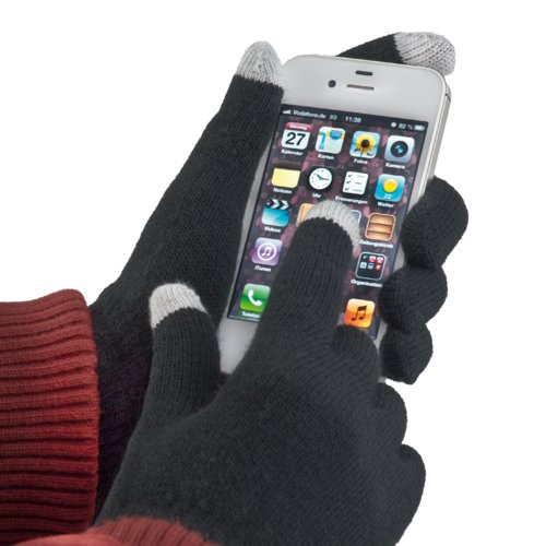 Gants noirs en tissu avec deux extrmits de doigts compatibles avec les crans tactiles.