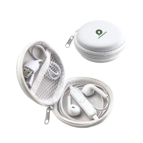 couteurs Bluetooth blancs avec tui de transport et cble.
