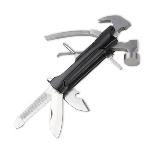 Outil multifonction noir en mtal avec divers outils intgrs.