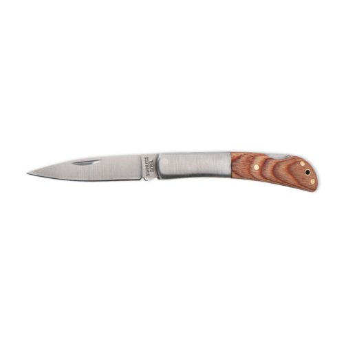Couteau pliant en bois marron avec lame en acier inoxydable.