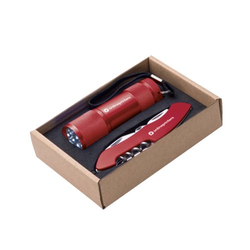 Ensemble rouge comprenant une lampe de poche en mtal avec dragonne et un couteau de poche multifonction.