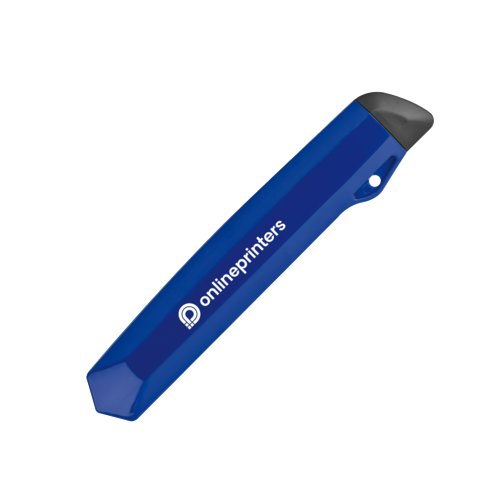 Cutter  carton bleu avec protection de lame et motif.