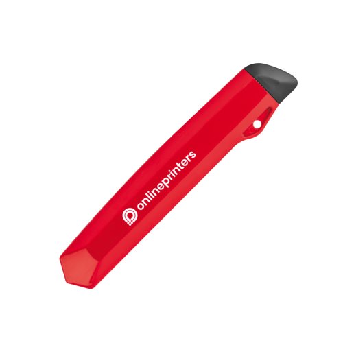Cutter en plastique rouge avec lame rtractable et motif.