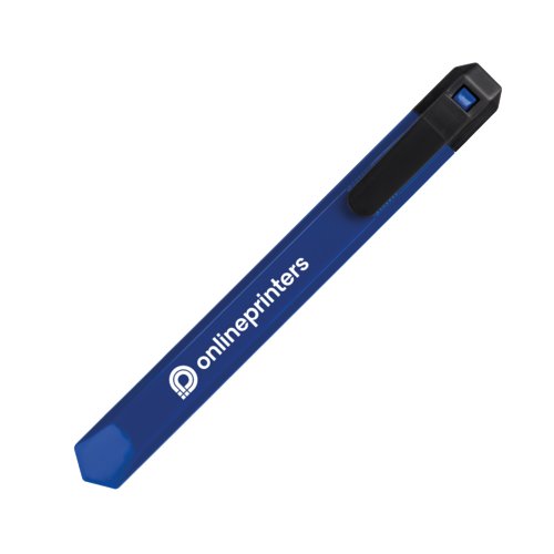 Cutter  carton bleu avec protection de lame et motif.