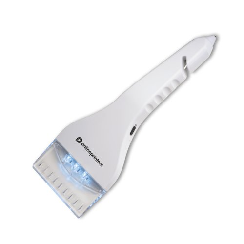 Grattoir  glace en plastique blanc avec lvre en caoutchouc et pic  glace intgr.
