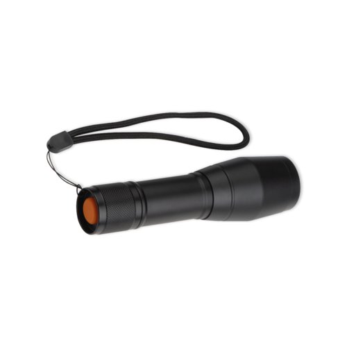 Lampe de poche en mtal noir avec dragonne.