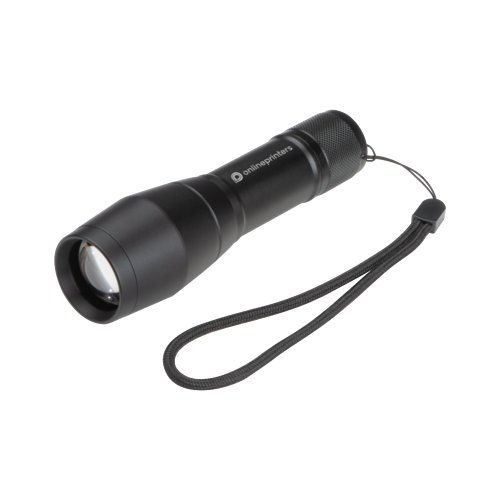 Lampe de poche noire en mtal avec LED et dragonne.
