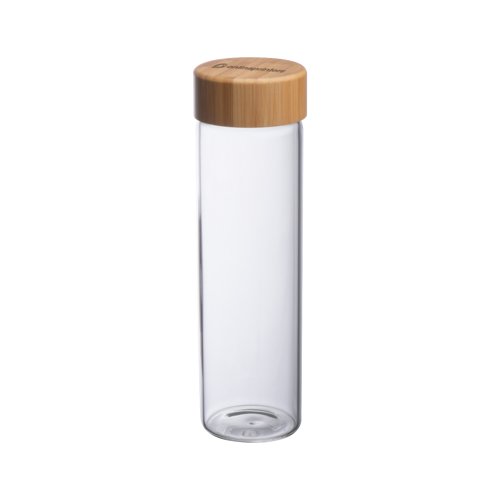 Bouteille en verre transparente avec couvercle en bambou.