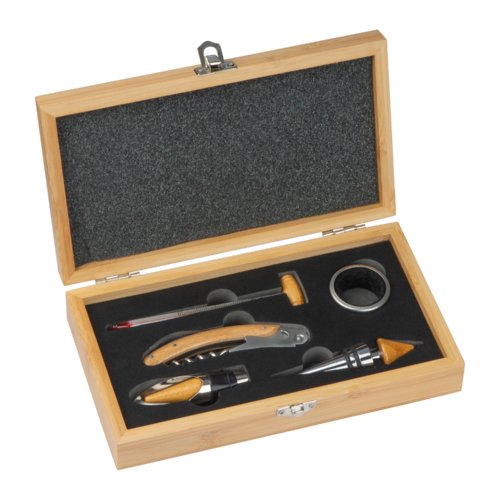 Set  vin marron avec accessoires dans une bote en bois.
