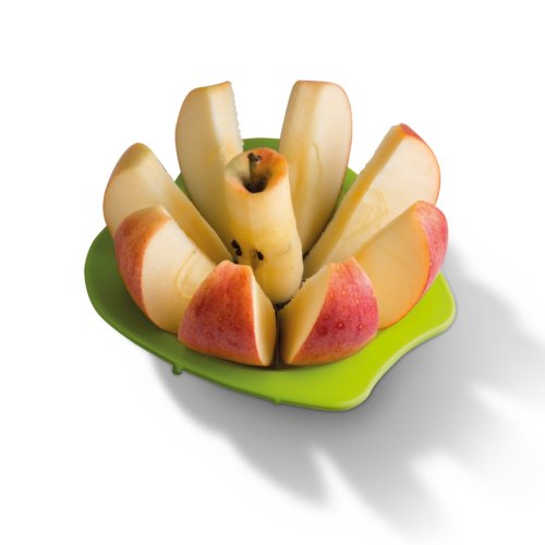 Coupe-pomme en plastique vert pomme avec lames en acier inoxydable.