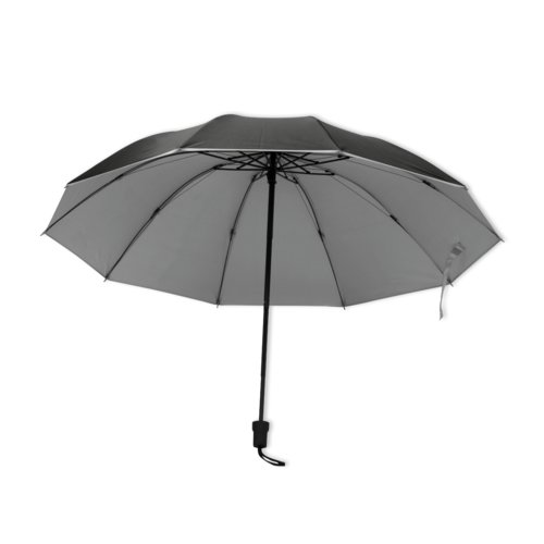 Parapluie de poche en tissu gris avec poigne et mcanisme d'ouverture.