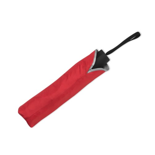 Parapluie pliant rouge avec dragonne et housse de protection assortie.