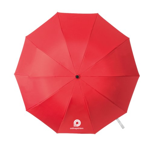 Parapluie pliant rouge avec housse et mcanisme d'ouverture manuel.