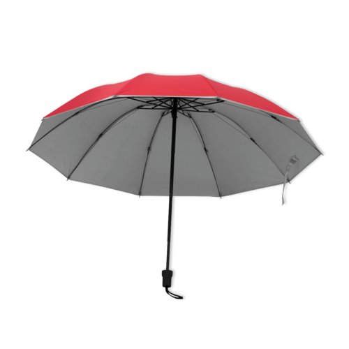 Parapluie pliant rouge avec housse et poigne.