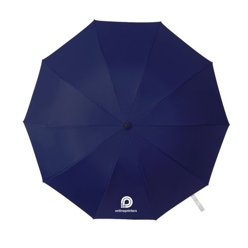 Parapluie de poche bleu fonc avec housse et poigne.
