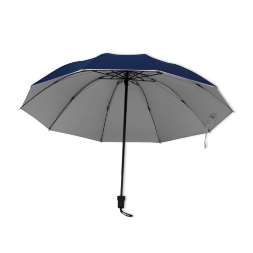Parapluie de poche bleu fonc avec mcanisme d'ouverture manuel.
