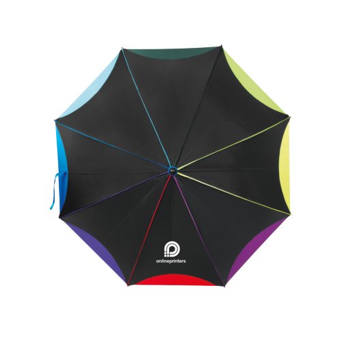 Parapluie automatique multicolore avec housse et poigne.