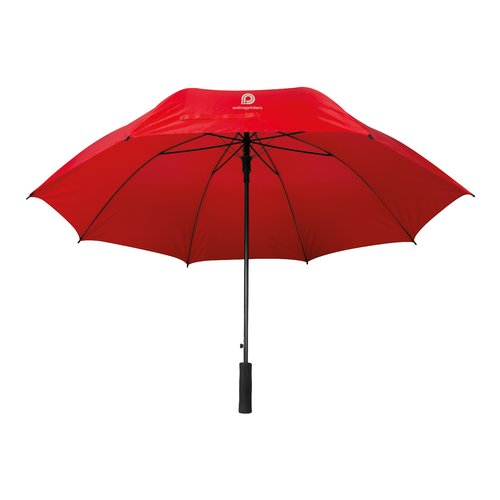 Parapluie rouge avec une poigne courbe.