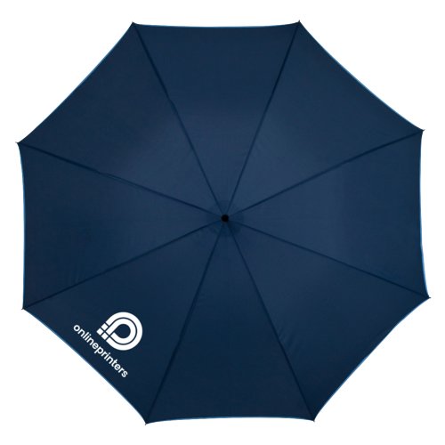 Parapluie automatique bleu avec motif et poigne confortable.