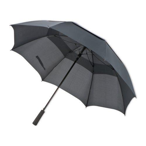 Parapluie de golf gris fonc avec vent anti-vent et poigne incurve.
