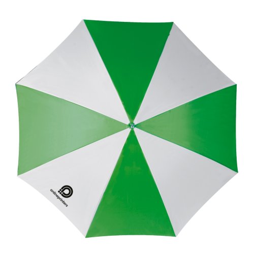 Parapluie droit automatique vert et blanc avec grande toile.
