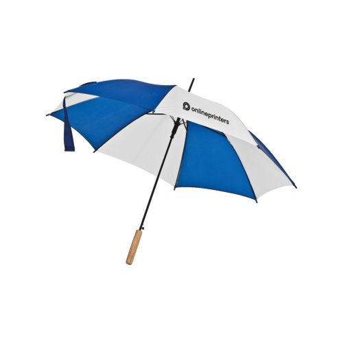 Parapluie droit automatique bleu avec poigne en bois.