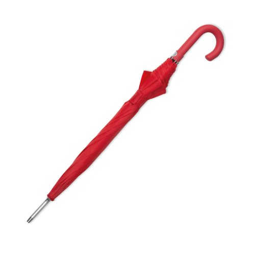 Parapluie automatique rouge avec poigne courbe.