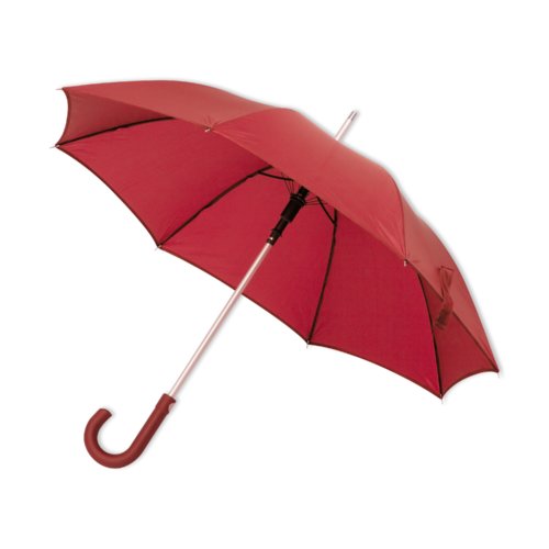 Parapluie automatique rouge avec poigne courbe.