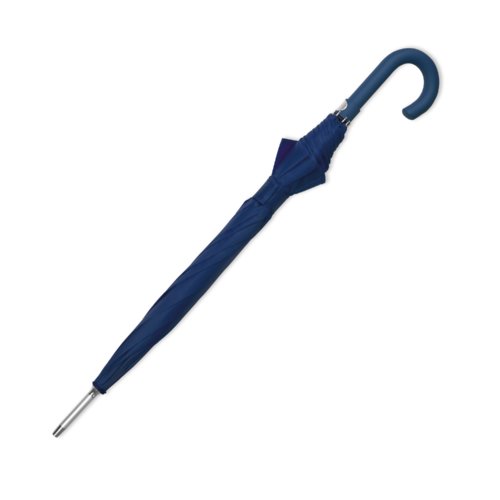 Parapluie automatique bleu fonc avec poigne courbe.