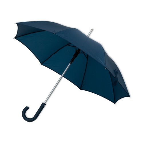Parapluie automatique bleu fonc avec poigne courbe.