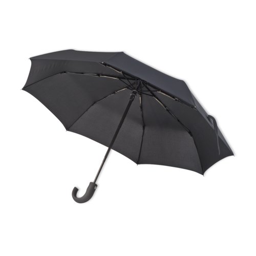 Parapluie pliant noir avec poigne courbe et fonction automatique.