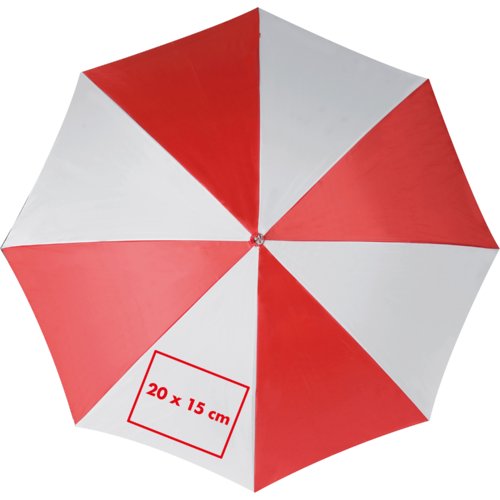 Parapluie droit automatique rouge et blanc avec grand canopy.