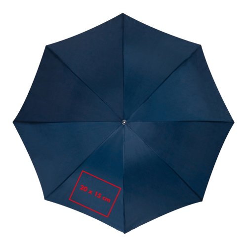 Parapluie automatique bleu avec housse et armature.