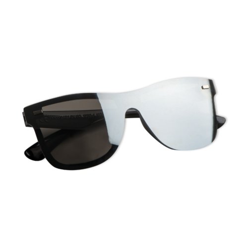 Lunettes de soleil en plastique noir avec verres effet miroir.