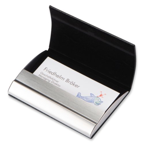 tui  cartes de visite en cuir noir avec lments mtalliques.