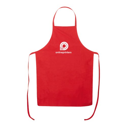 Tablier rouge en coton avec tour de cou r�glable et longues lani�res.