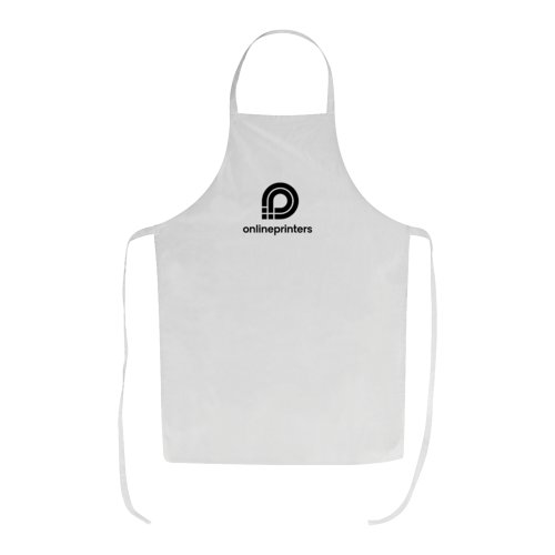 Tablier blanc en coton avec une sangle de cou r�glable et de longs cordons.