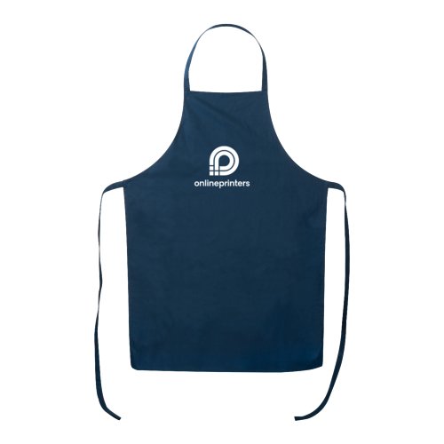 Tablier en coton bleu fonc� avec tour de cou et longues attaches.
