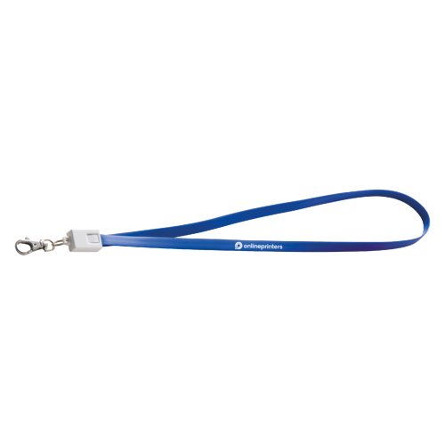 Lanyard bleu en polyester avec cble de charge universel et crochet.